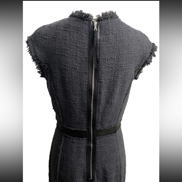 REBECCA TAYLOR size 8 Crew Neck Tweed Leather Trim Raw Edge Dress Charcoal Gray - Picture 6 of 9